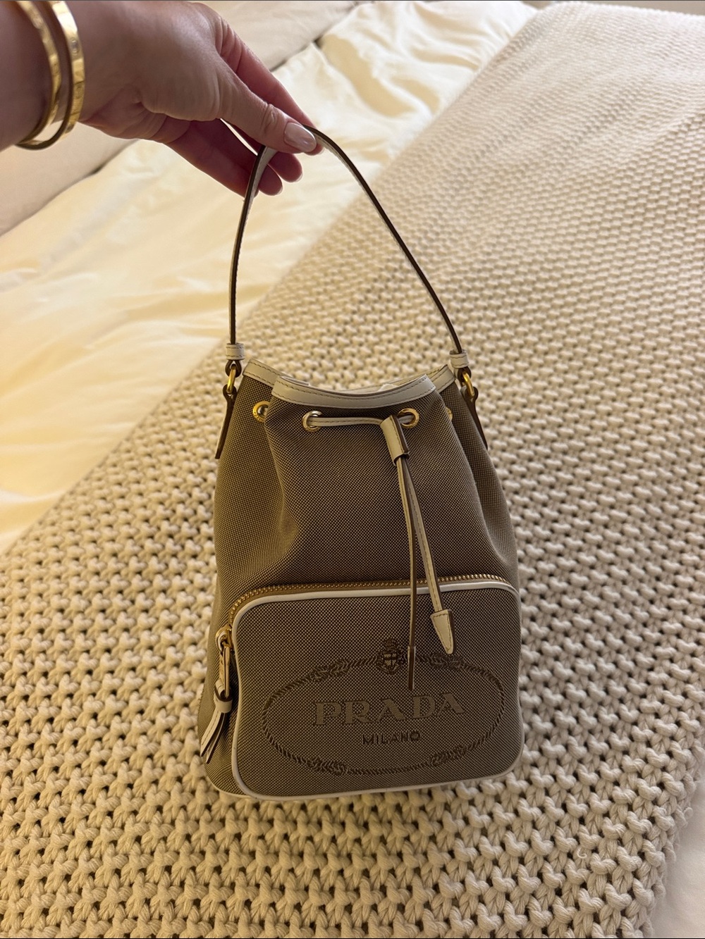 Prada Taupe Canvas Mini Drawstring Bucket Bag with Gold Hardware
